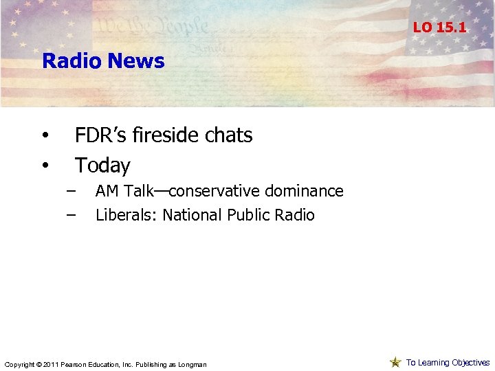 LO 15. 1 Radio News • • FDR’s fireside chats Today – – AM