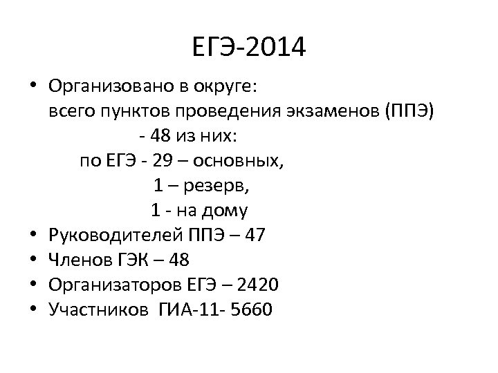 ЕГЭ-2014 • Организовано в округе: всего пунктов проведения экзаменов (ППЭ) - 48 из них: