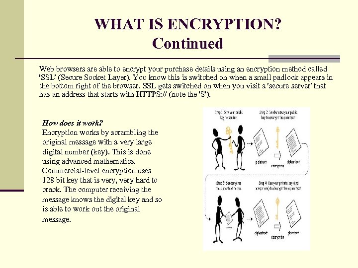 WHAT IS ENCRYPTION? Continued Web browsers are able to encrypt your purchase details using