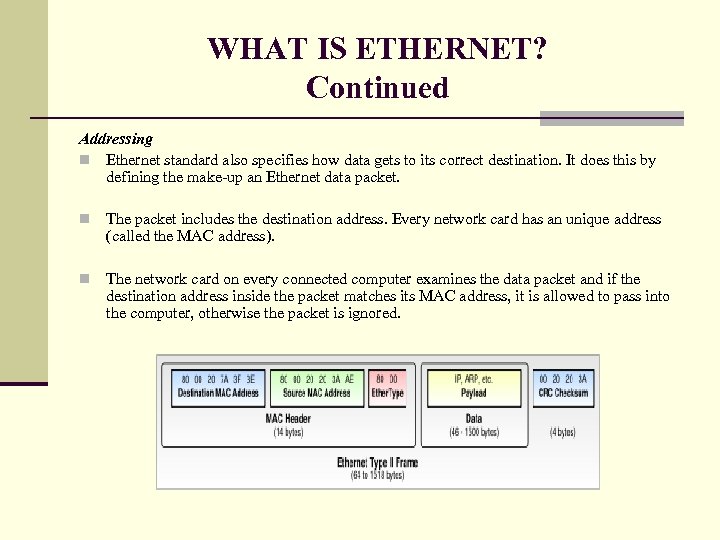 WHAT IS ETHERNET? Continued Addressing n Ethernet standard also specifies how data gets to