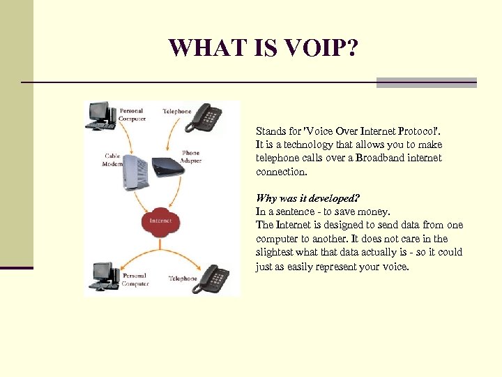 WHAT IS VOIP? Stands for 'Voice Over Internet Protocol'. It is a technology that