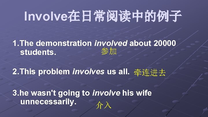 Involve在日常阅读中的例子 1. The demonstration involved about 20000 参加 students. 2. This problem involves us