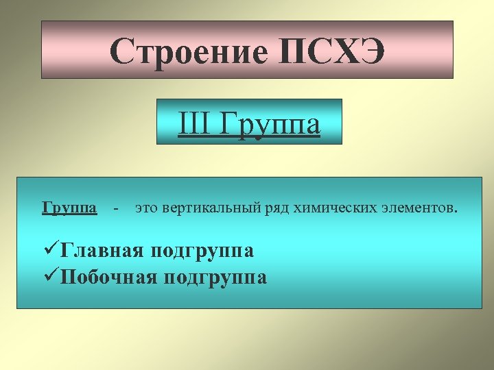 Строение ПСХЭ III Группа - это вертикальный ряд химических элементов. üГлавная подгруппа üПобочная подгруппа