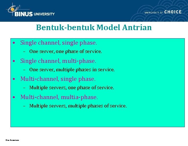 Bentuk-bentuk Model Antrian • Single channel, single phase. – One server, one phase of