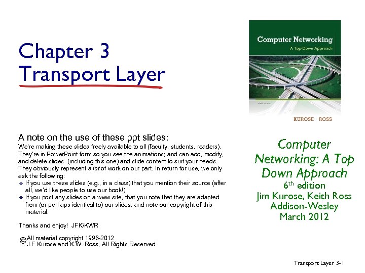 Chapter 3 Transport Layer A note on the use of these ppt slides: We’re
