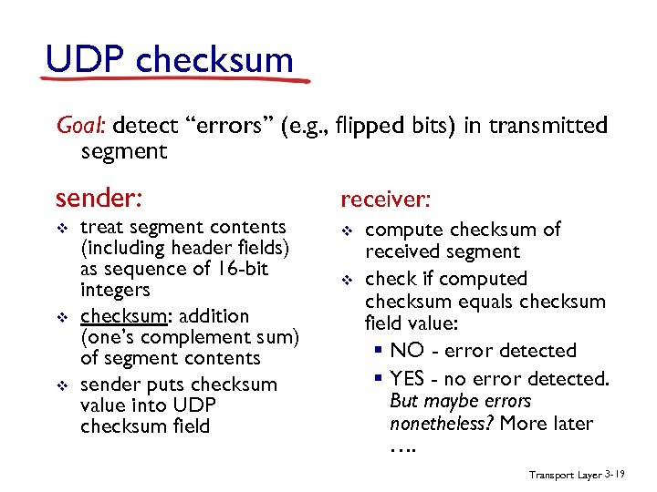UDP checksum Goal: detect “errors” (e. g. , flipped bits) in transmitted segment sender: