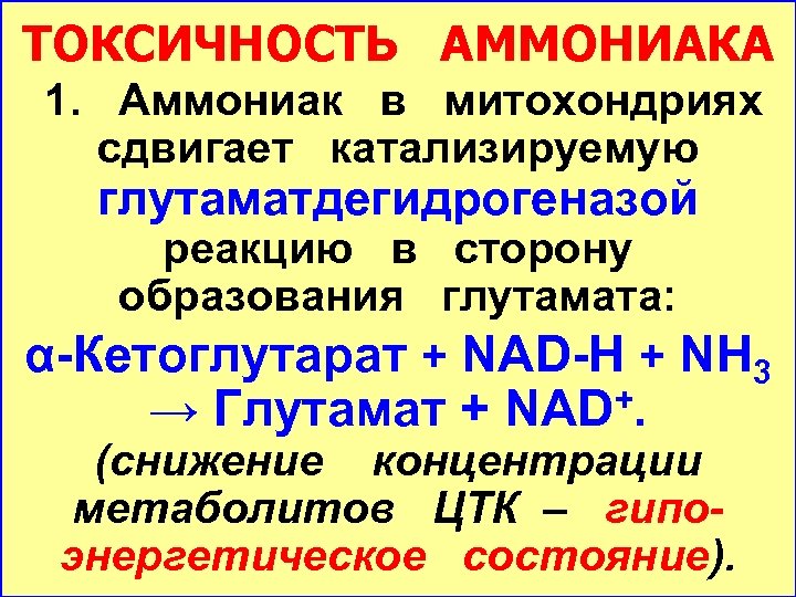 ТОКСИЧНОСТЬ АММОНИАКА 1. Аммониак в митохондриях сдвигает катализируемую глутаматдегидрогеназой реакцию в сторону образования глутамата: