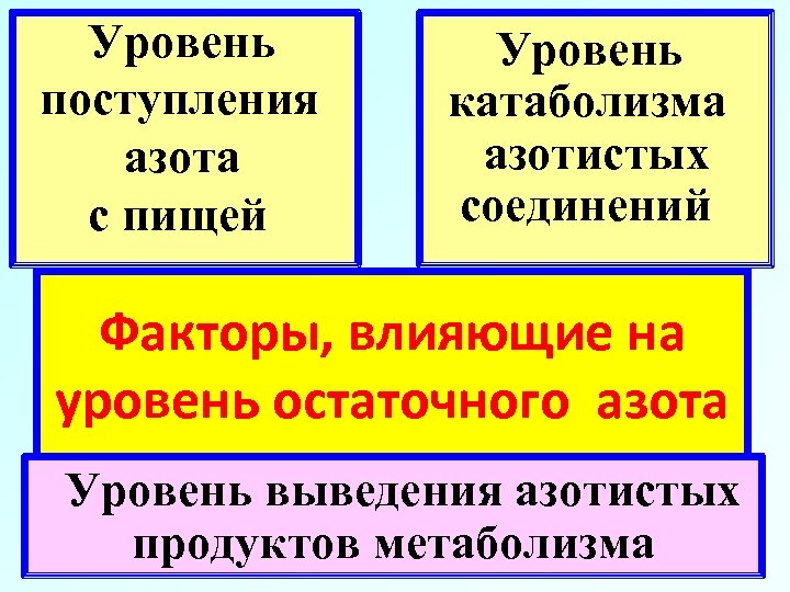 Уровень поступления азота с пищей Уровень катаболизма азотистых соединений Факторы, влияющие на уровень остаточного