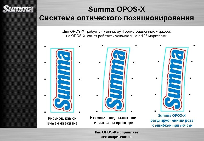Summa OPOS-X Сиситема оптического позиционирования Для OPOS-X требуется минимуму 4 регистрационных маркера, но OPOS-X