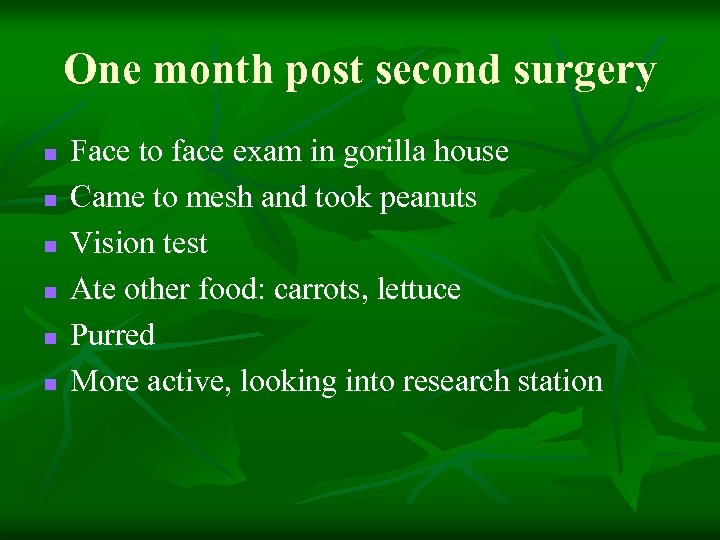 One month post second surgery n n n Face to face exam in gorilla