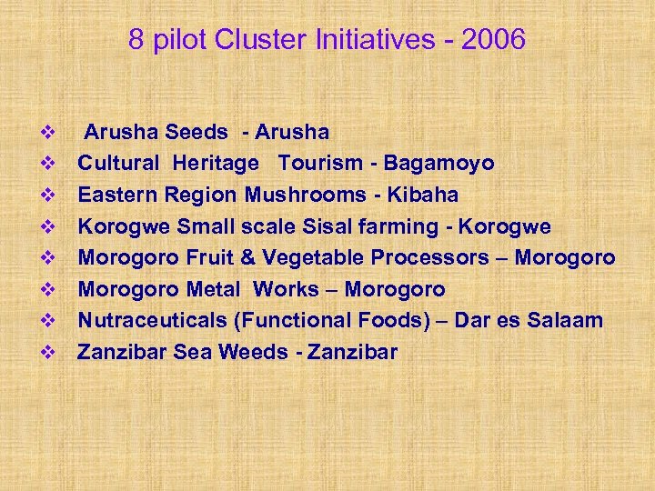 8 pilot Cluster Initiatives - 2006 v v v v Arusha Seeds - Arusha