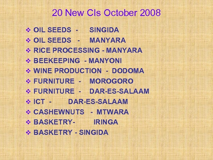 20 New CIs October 2008 v OIL SEEDS v v v v v SINGIDA