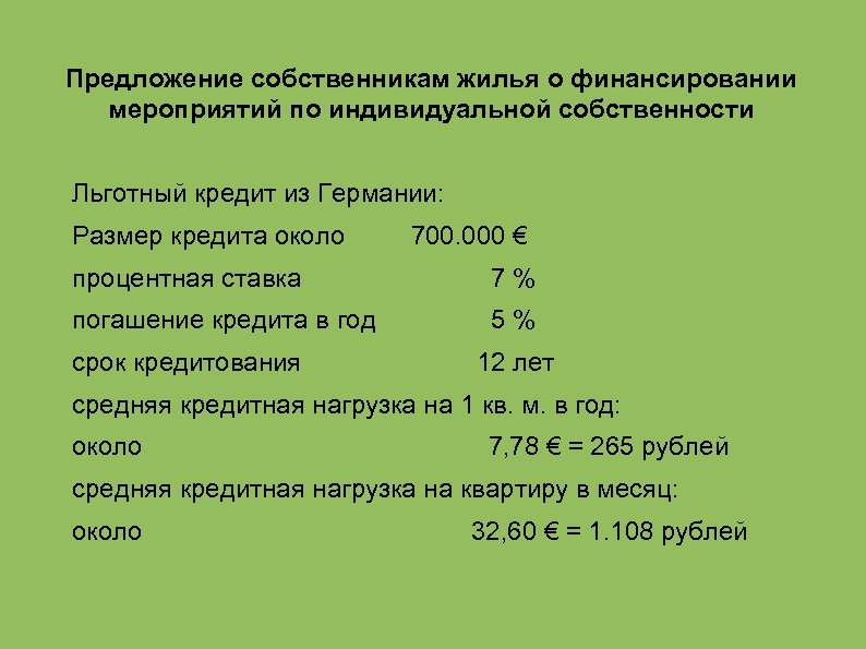 Предложение собственникам жилья о финансировании мероприятий по индивидуальной собственности Льготный кредит из Германии: Размер