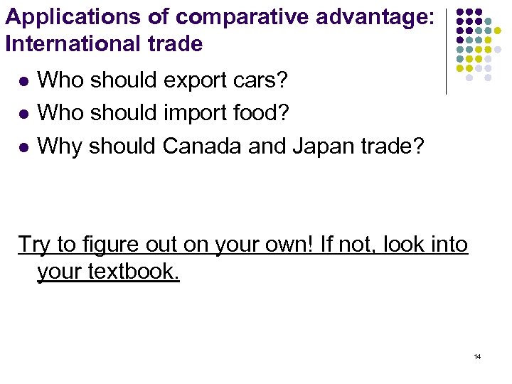 Applications of comparative advantage: International trade l l l Who should export cars? Who