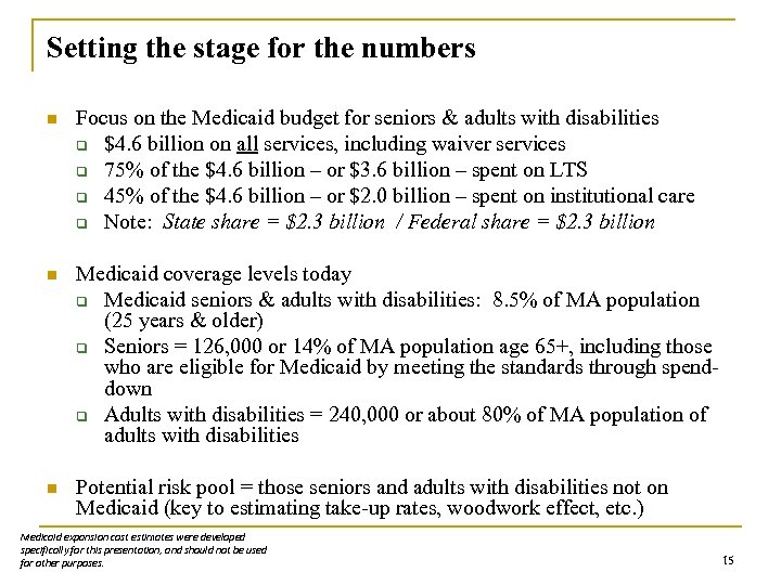 Setting the stage for the numbers n Focus on the Medicaid budget for seniors