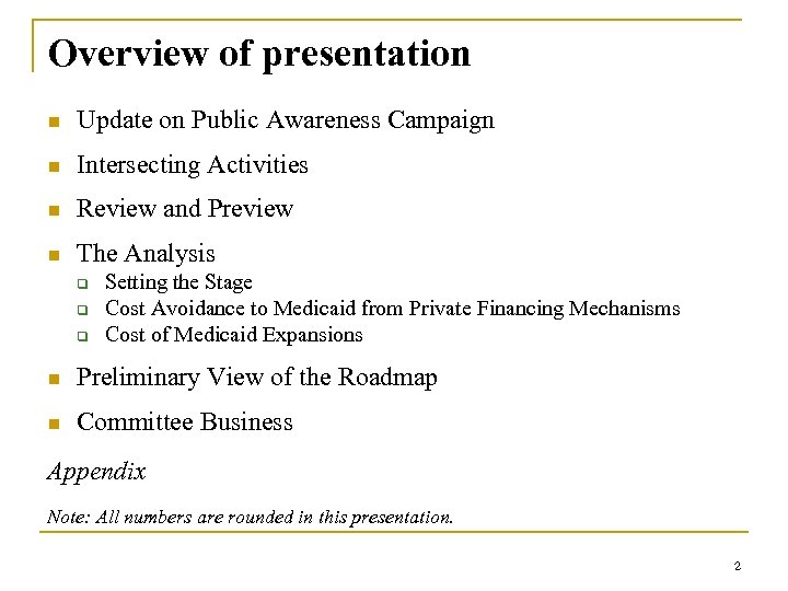 Overview of presentation n Update on Public Awareness Campaign n Intersecting Activities n Review