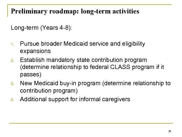 Preliminary roadmap: long-term activities Long-term (Years 4 -8): 1. 2. 3. 4. Pursue broader