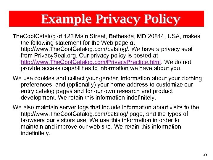 Example Privacy Policy The. Cool. Catalog of 123 Main Street, Bethesda, MD 20814, USA,