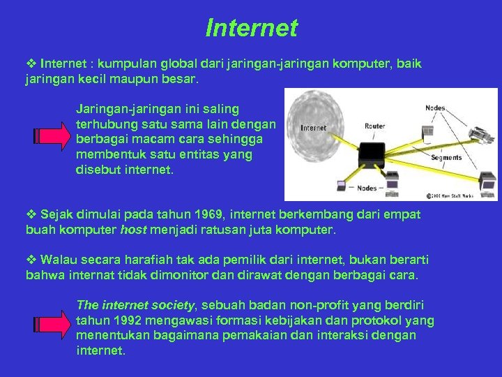 Internet v Internet : kumpulan global dari jaringan-jaringan komputer, baik jaringan kecil maupun besar.