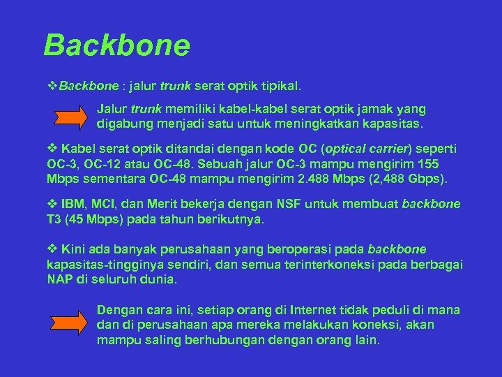 Backbone v. Backbone : jalur trunk serat optik tipikal. Jalur trunk memiliki kabel-kabel serat