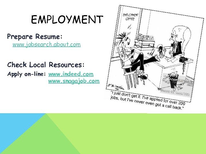 EMPLOYMENT Prepare Resume: www. jobsearch. about. com Check Local Resources: Apply on-line: www. indeed.