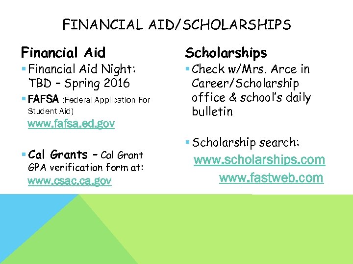 FINANCIAL AID/SCHOLARSHIPS Financial Aid § Financial Aid Night: TBD – Spring 2016 § FAFSA