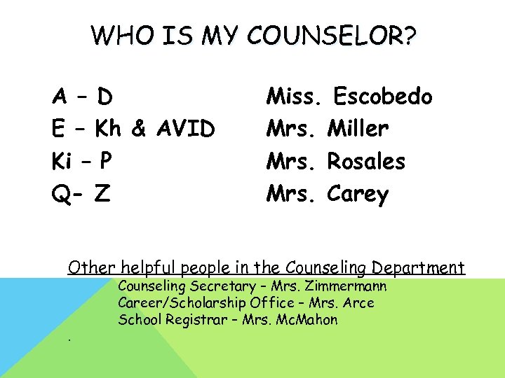 WHO IS MY COUNSELOR? A – D E – Kh & AVID Ki –