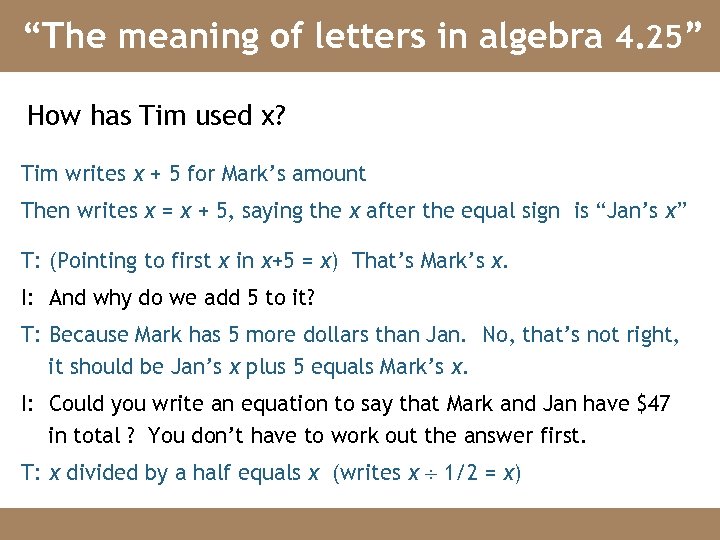 “The meaning of letters in algebra 4. 25” How has Tim used x? Tim