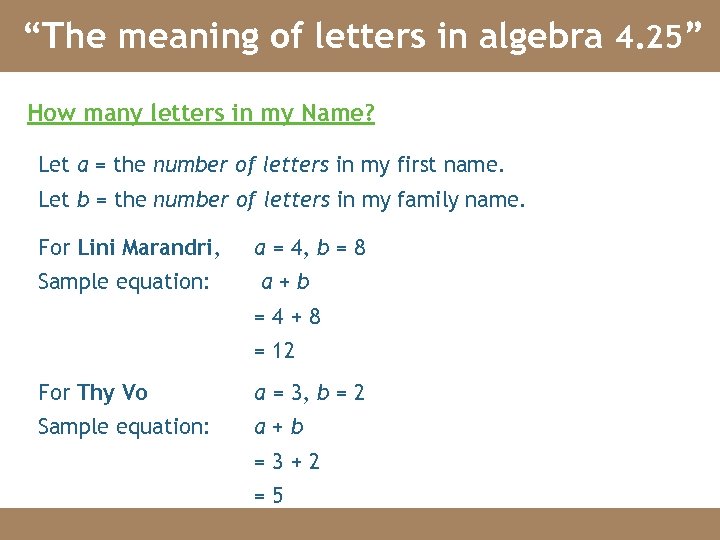 “The meaning of letters in algebra 4. 25” How many letters in my Name?