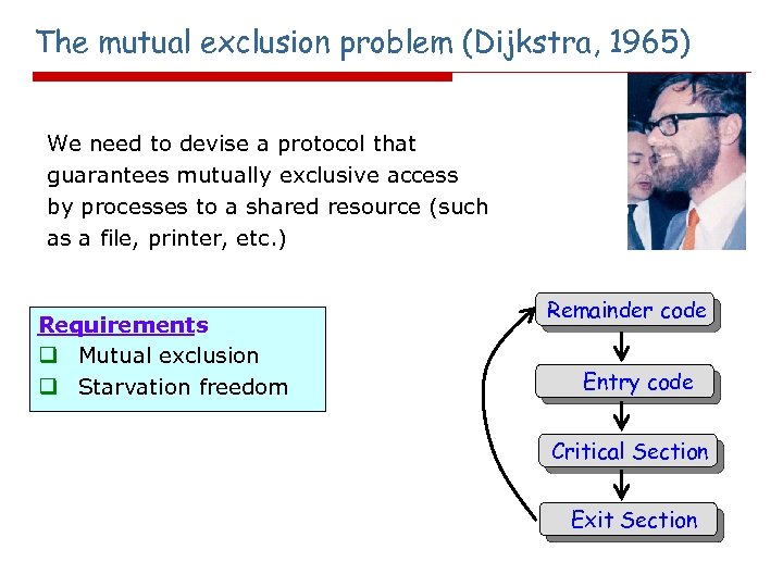 The mutual exclusion problem (Dijkstra, 1965) We need to devise a protocol that guarantees