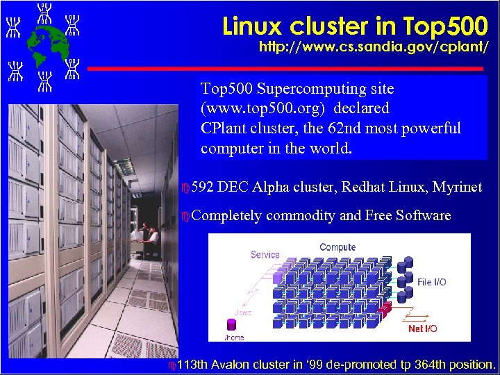 Linux cluster in Top 500 http: //www. cs. sandia. gov/cplant/ Top 500 Supercomputing site