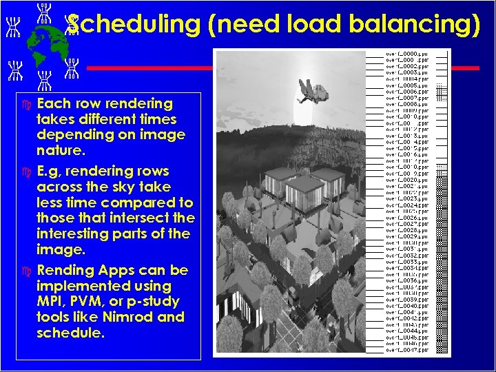 Scheduling (need load balancing) c c c Each row rendering takes different times depending