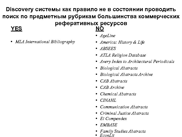 Discovery системы как правило не в состоянии проводить поиск по предметным рубрикам большинства коммерческих