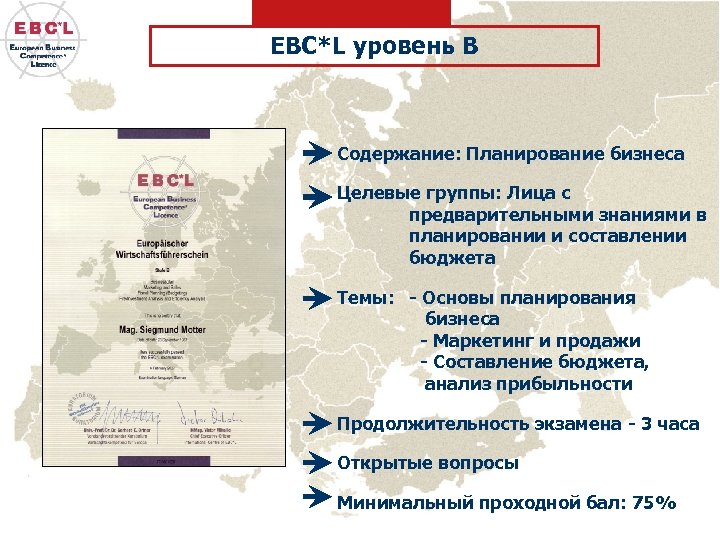 EBC*L уровень B Содержание: Планирование бизнеса Целевые группы: Лица с предварительными знаниями в планировании