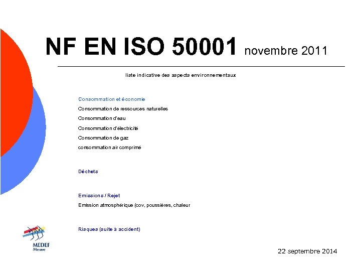 NF EN ISO 50001 novembre 2011 liste indicative des aspects environnementaux Consommation et économie