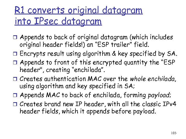 R 1 converts original datagram into IPsec datagram r Appends to back of original