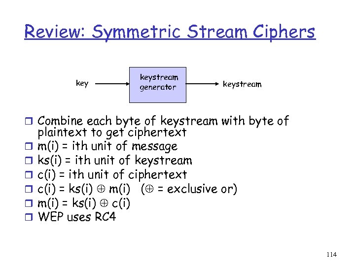 Review: Symmetric Stream Ciphers keystream generator keystream r Combine each byte of keystream with