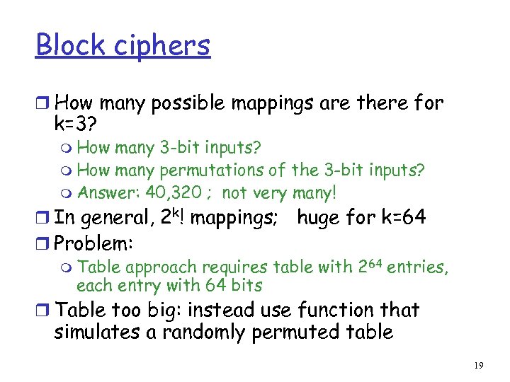 Block ciphers r How many possible mappings are there for k=3? m How many
