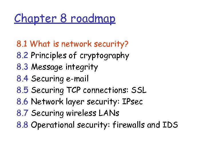 Chapter 8 roadmap 8. 1 What is network security? 8. 2 Principles of cryptography