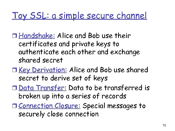 Toy SSL: a simple secure channel r Handshake: Alice and Bob use their certificates