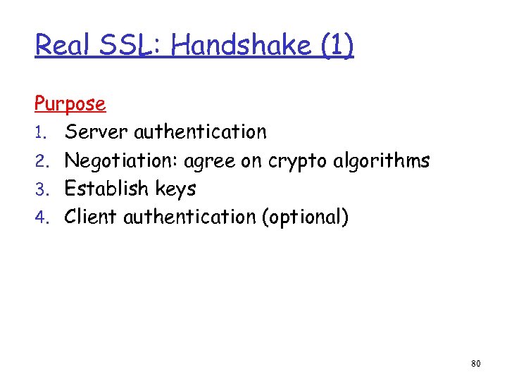Real SSL: Handshake (1) Purpose 1. Server authentication 2. Negotiation: agree on crypto algorithms