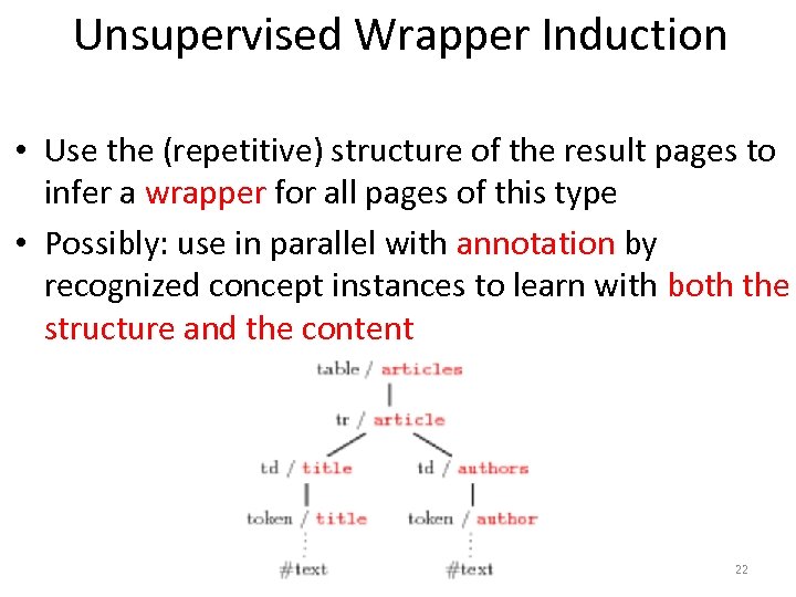 Unsupervised Wrapper Induction • Use the (repetitive) structure of the result pages to infer