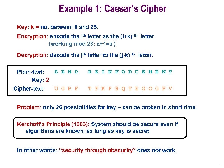 Example 1: Caesar’s Cipher Key: k = no. between 0 and 25. Encryption: encode