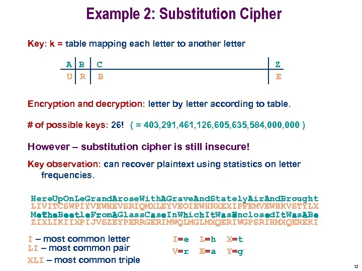 Example 2: Substitution Cipher Key: k = table mapping each letter to another letter