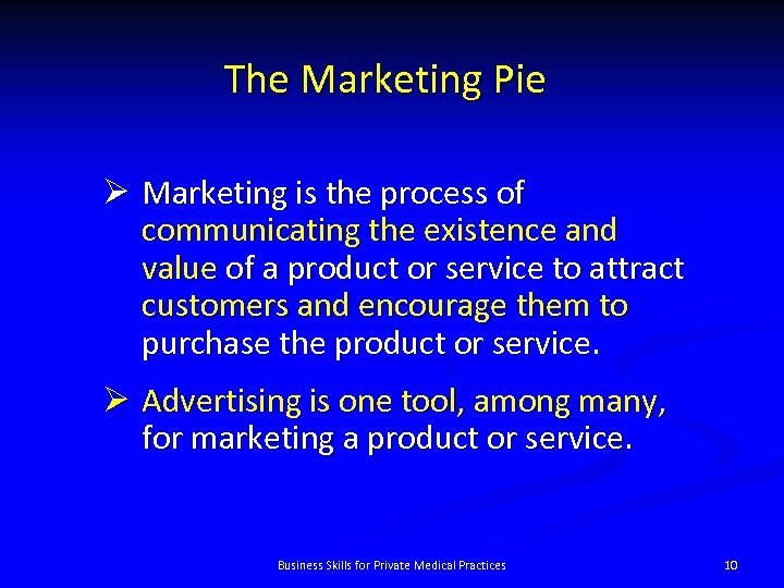 The Marketing Pie Ø Marketing is the process of communicating the existence and value