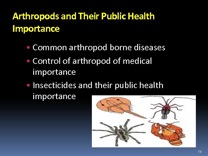 Arthropods and Their Public Health Importance Common arthropod borne diseases Control of arthropod of