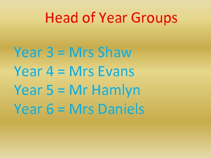 Head of Year Groups Year 3 = Mrs Shaw Year 4 = Mrs Evans