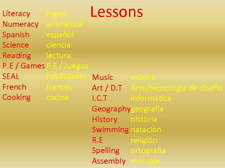 Lessons Literacy ingles Numeracy aritmética Spanish español Science ciencia Reading lectura P. E /