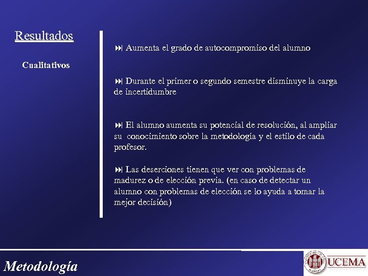 Resultados Aumenta el grado de autocompromiso del alumno Cualitativos Durante el primer o segundo