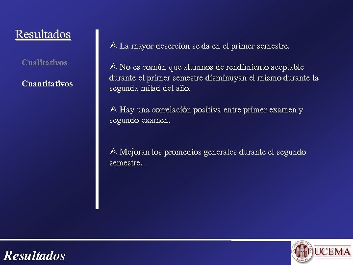 Resultados Cualitativos Cuantitativos La mayor deserción se da en el primer semestre. No es